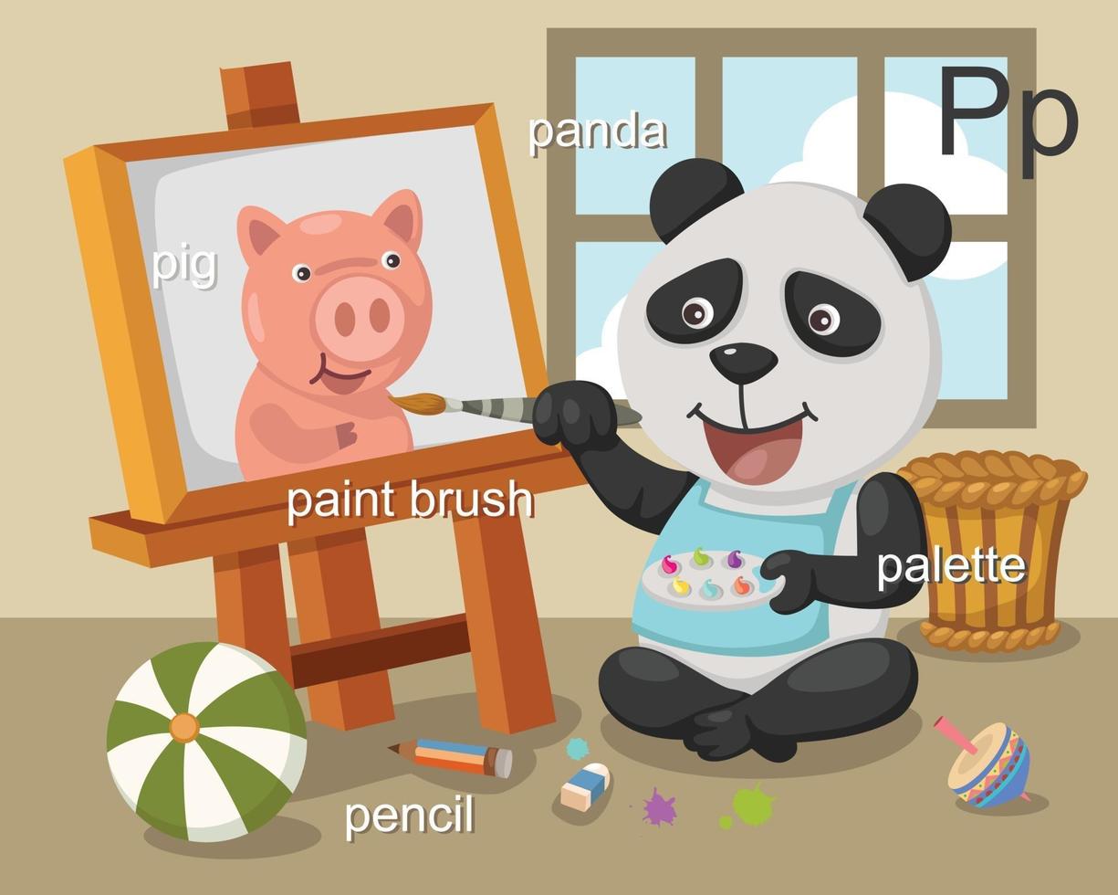 alfabetet p bokstav gris, panda, pensel, penna, palett vektor