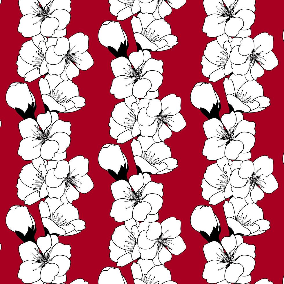 Nahtloses Muster der Kirschblüte auf dunkelrotem Hintergrund. Japanische Sakura-Blume. süßes Blumenmuster mit Druck. Vektor-Illustration vektor
