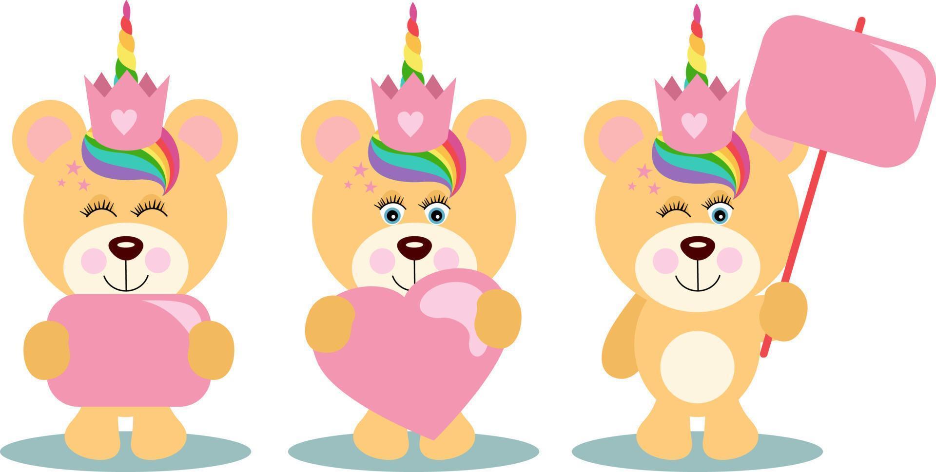 Drei niedliche Einhorn-Teddybären, die ein rosafarbenes Schild und ein Herz halten vektor