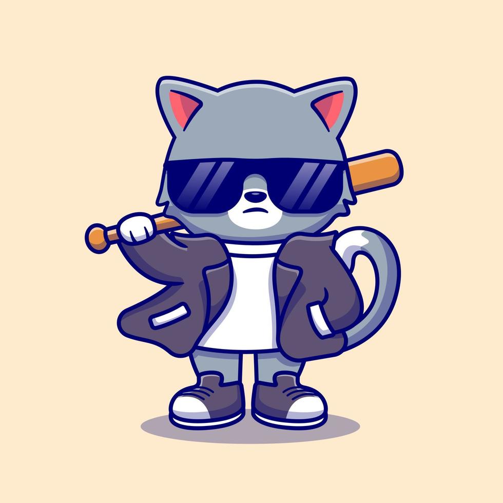 niedliche böse katze mit anzug und sonnenbrille mit baseballschläger-cartoon-vektor-symbol-illustration. Tiermode-Ikonenkonzept isolierter Premium-Vektor. flacher Cartoon-Stil vektor