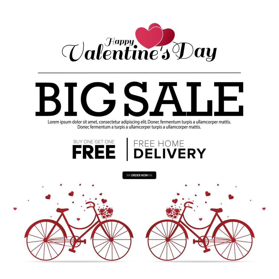 Lycklig hjärtans dag försäljning affisch eller baner med hjärta och cykel på röd bakgrund. för befordran och handla mall. kärlek och hjärtans dag begrepp vektor