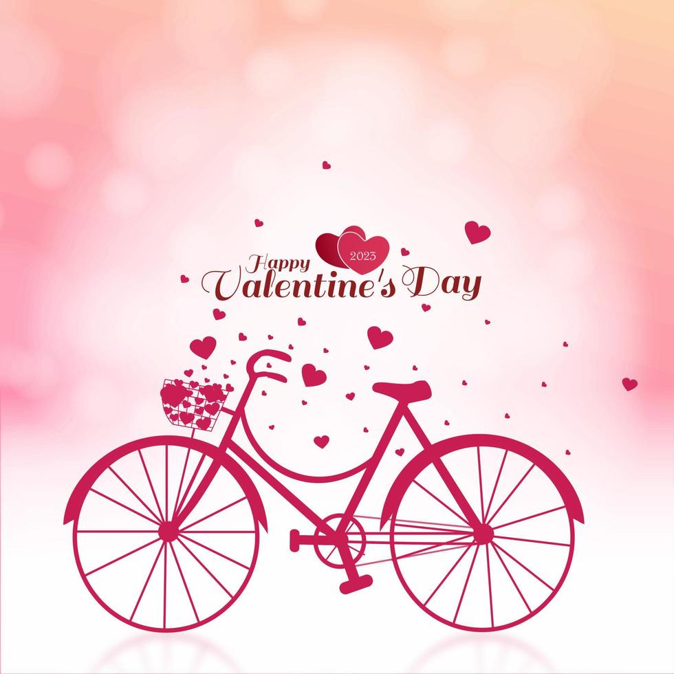 valentinstaggrußkarte mit herzen, die vom fahrrad mit romantischem bokeh-effekthintergrund fliegen. Vektor-Illustration. vektor