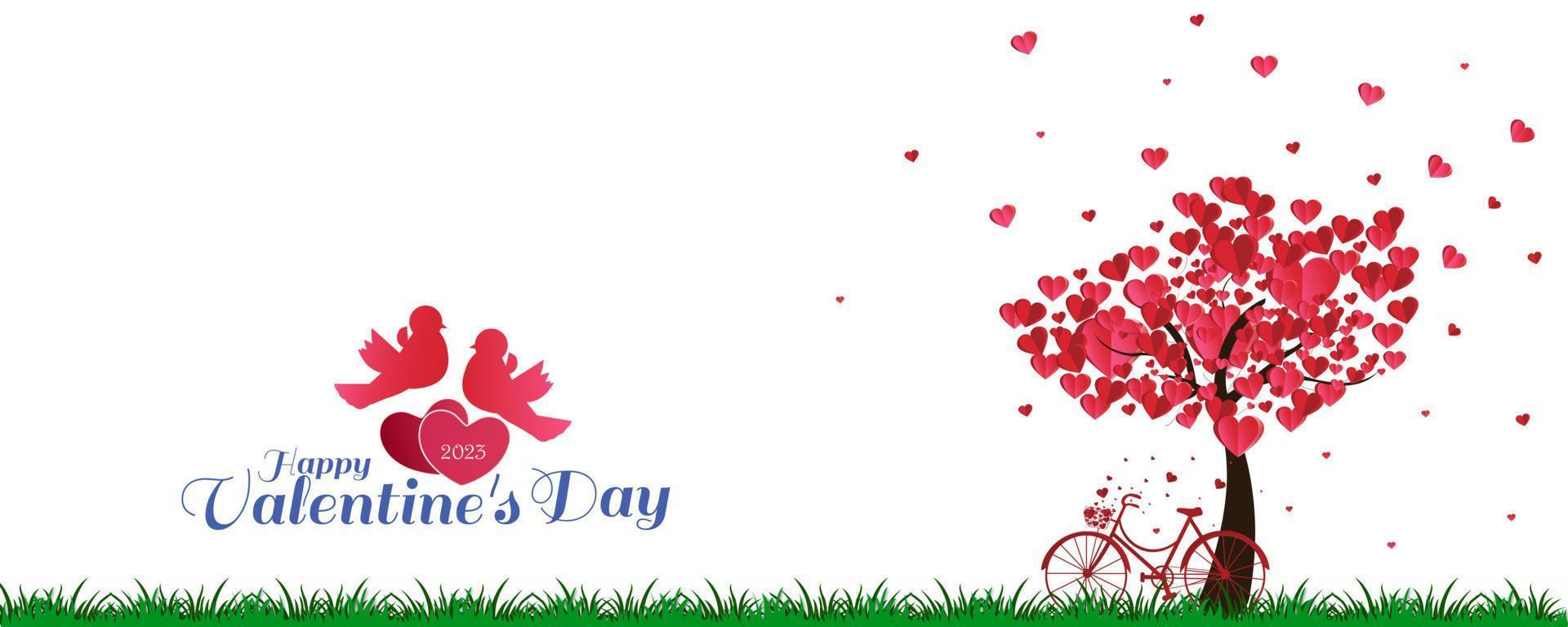 Lycklig hjärtans dag bakgrund med en hjärta formad träd och en cykel med kärlek fåglar. vektor illustration.