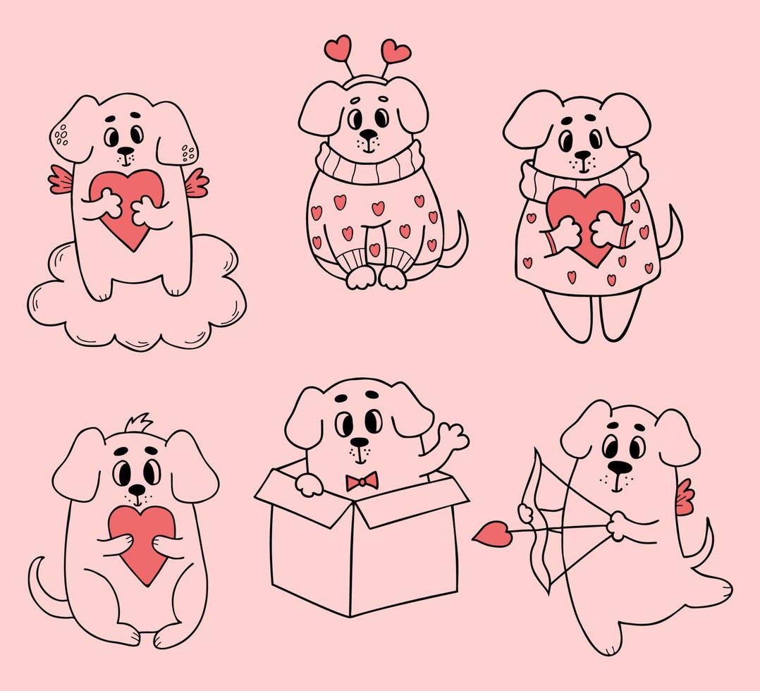 Sammlung romantische Hunde. süße haustiere mit herzen. Vektorillustration im Doodle-Stil. isolierte lineare handgezeichnete welpen verliebt in design und dekor von valentinstagen, liebespostkarten, druck. vektor