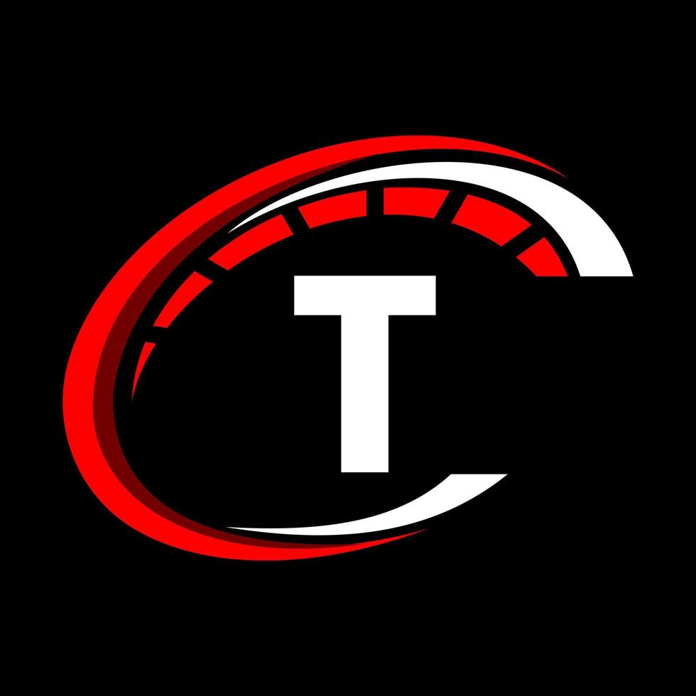 sportwagen-logo auf buchstaben-t-geschwindigkeitskonzept. auto automotive vorlage für autoservice, autoreparatur mit tacho-symbol vektor