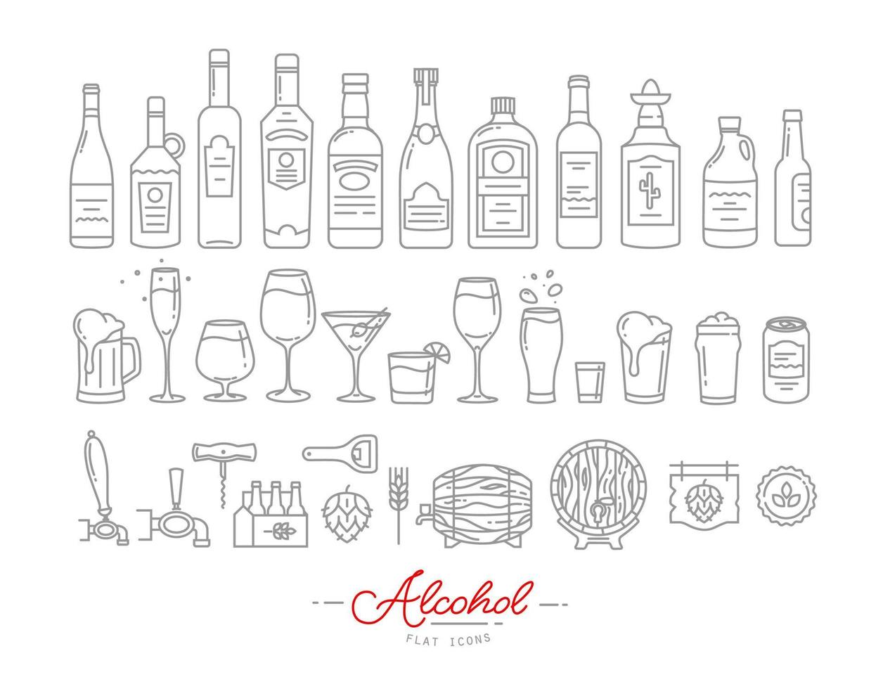 Reihe von Alkoholsymbolen in flacher Zeichnung mit grauen Linien auf weißem Hintergrund vektor