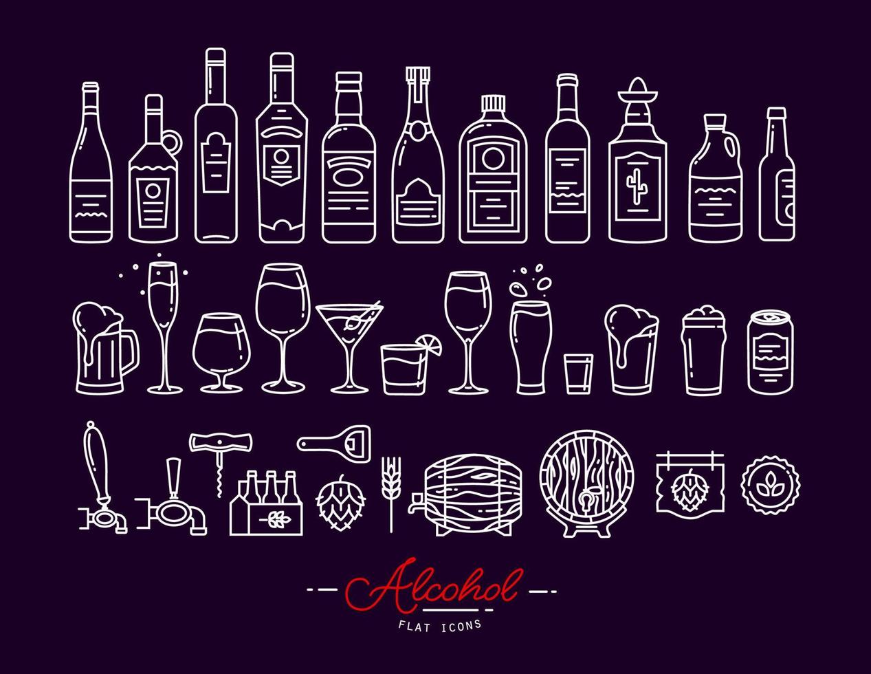 Reihe von Alkoholsymbolen in flacher Zeichnung mit weißen Linien auf violettem Hintergrund vektor