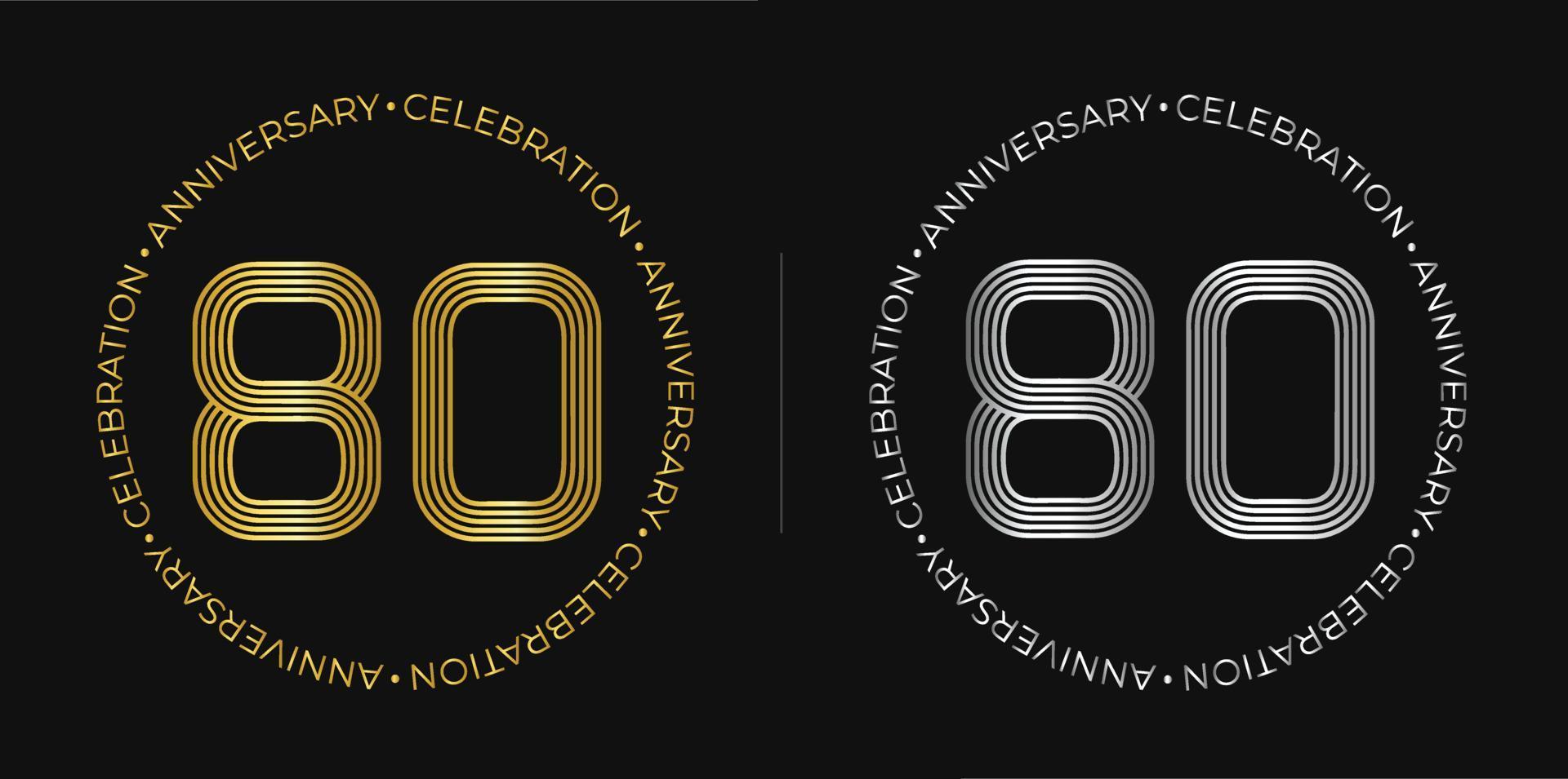 80. Geburtstag. 80-jähriges Jubiläumsbanner in goldenen und silbernen Farben. kreisförmiges Logo mit originellem Zahlendesign in eleganten Linien. vektor