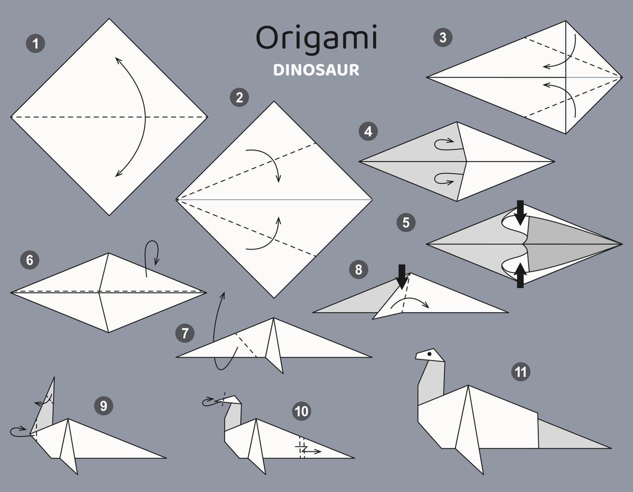 handledning origami schema med dinosaurie. isolerat origami element på grå bakgrund. origami för ungar. steg förbi steg på vilket sätt till göra origami dinosaurie. vektor illustration.