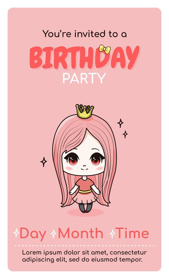 Lycklig födelsedag vertikal inbjudan kort med tecknad serie söt anime flicka. vektor illustration för fira datum födelse. webb eller skriva ut design.