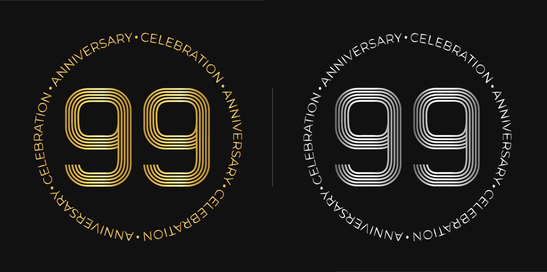 99: e födelsedag. nittionio år årsdag firande baner i gyllene och silver- färger. cirkulär logotyp med original- siffra design i elegant rader. vektor