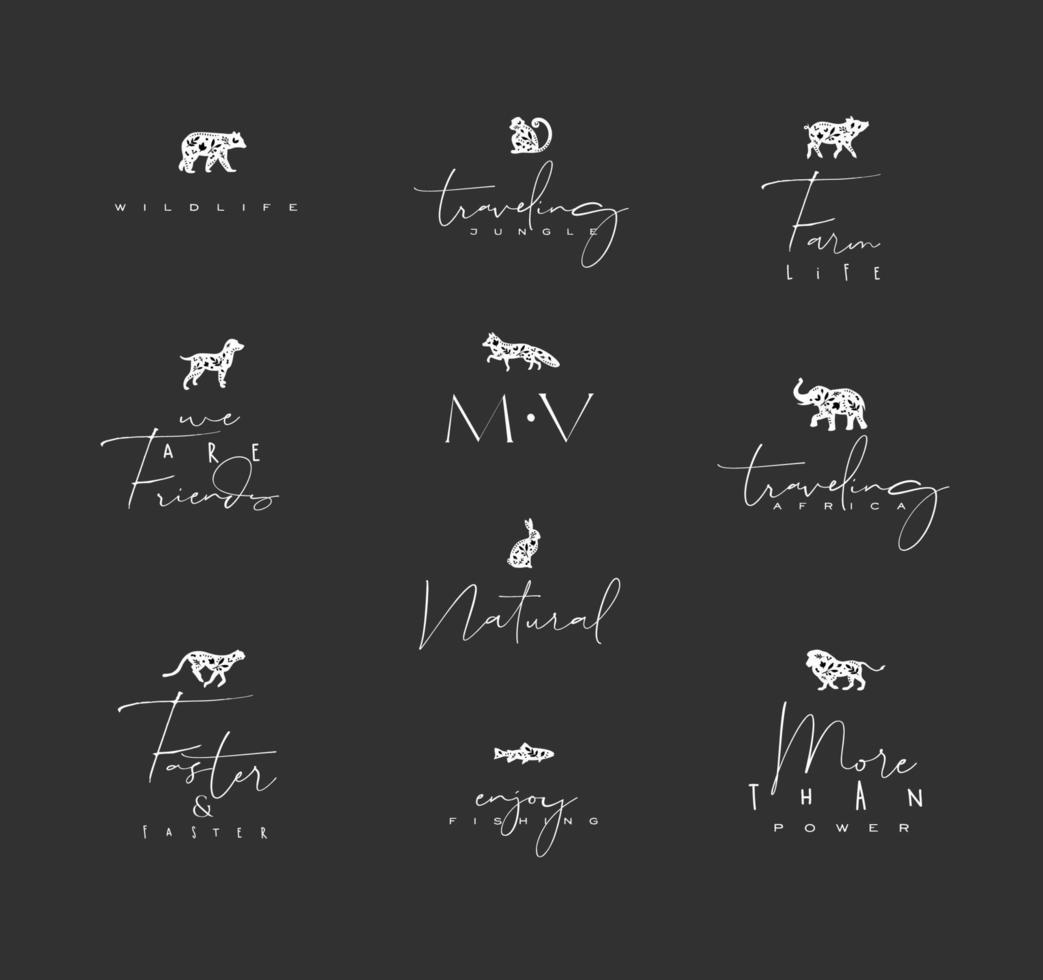 uppsättning av djur mini blommig grafisk tecken Björn, fisk, apa, räv, gris, hund, kanin, elefant, gepard, lejon med text teckning på mörk bakgrund vektor