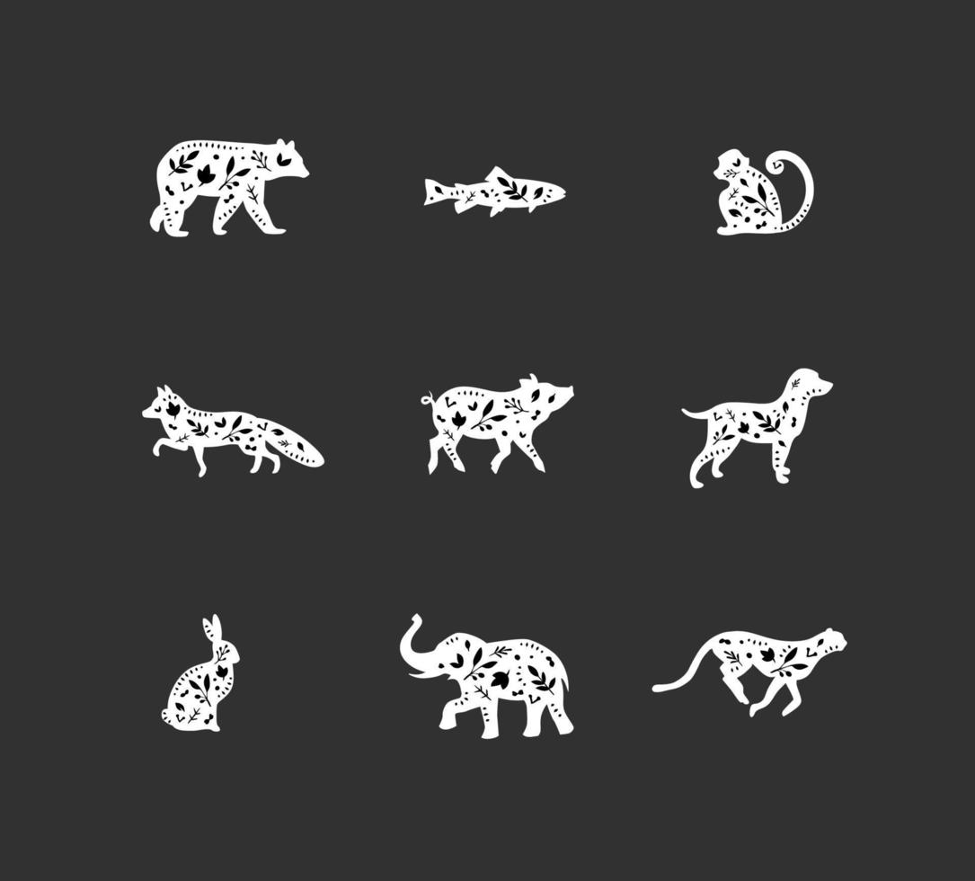 Set von Tieren florale grafische Silhouetten Bär, Fisch, Affe, Fuchs, Schwein, Hund, Hase, Elefant, Gepard zeichnen auf dunklem Hintergrund vektor