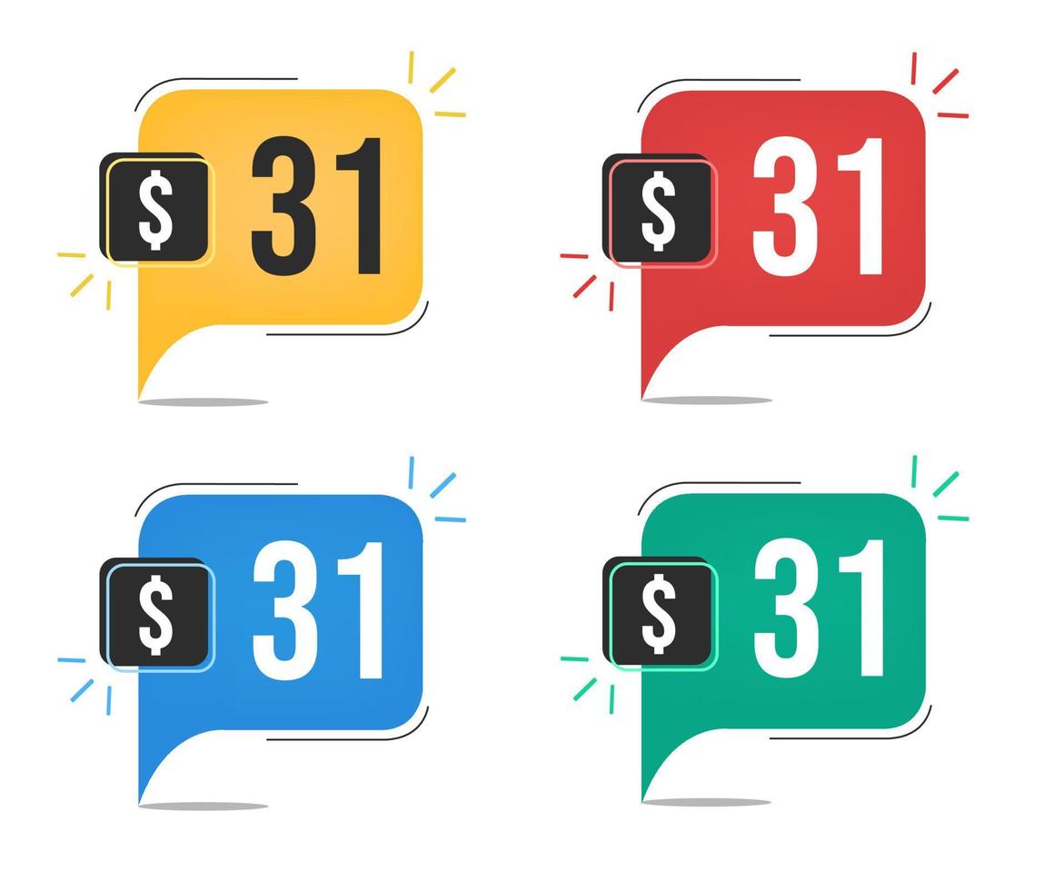 31 Dollar Preis. gelbe, rote, blaue und grüne währungsetiketten mit ballonkonzept. vektor