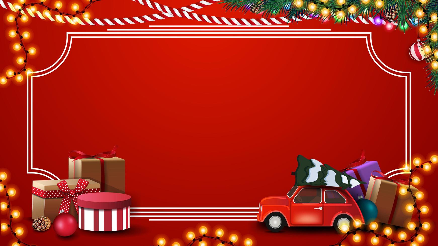 röd julmall med presenter, vintage ram, krans och gott nytt år, rött vykort med krans, julgran grenar och röd veteranbil bär julgran vektor