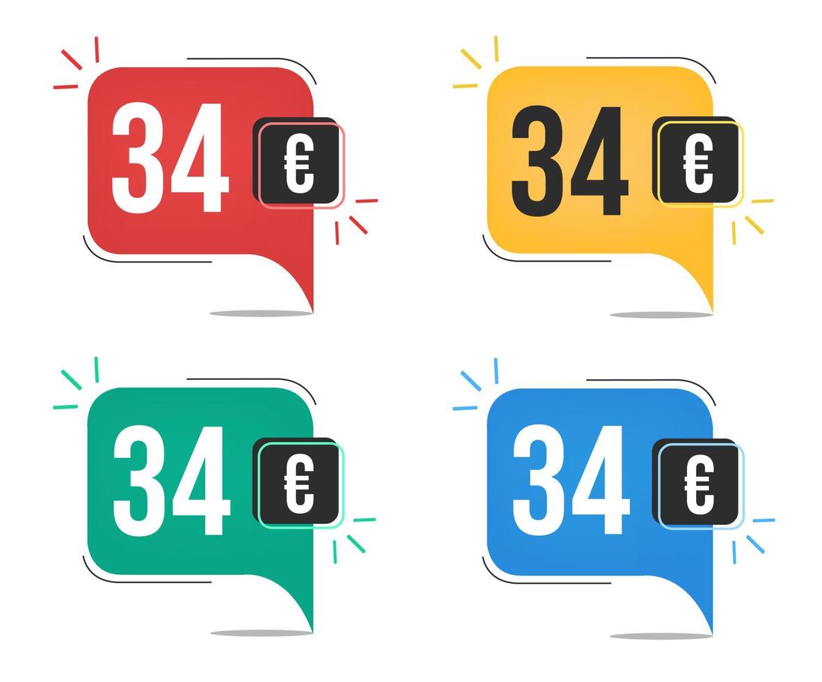 34 euro pris. gul, röd, blå och grön valuta taggar med Tal ballong begrepp. vektor