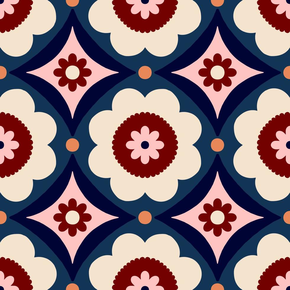 schönes abstraktes Muster mit Blumenfliesen. Vektor nahtlose Textur mit symmetrischem Design. Hintergrund im fetten Retro-Stil