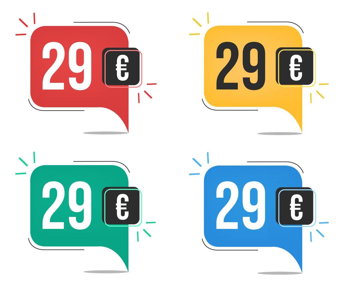 29 euro pris. gul, röd, blå och grön valuta taggar med ballong begrepp. vektor