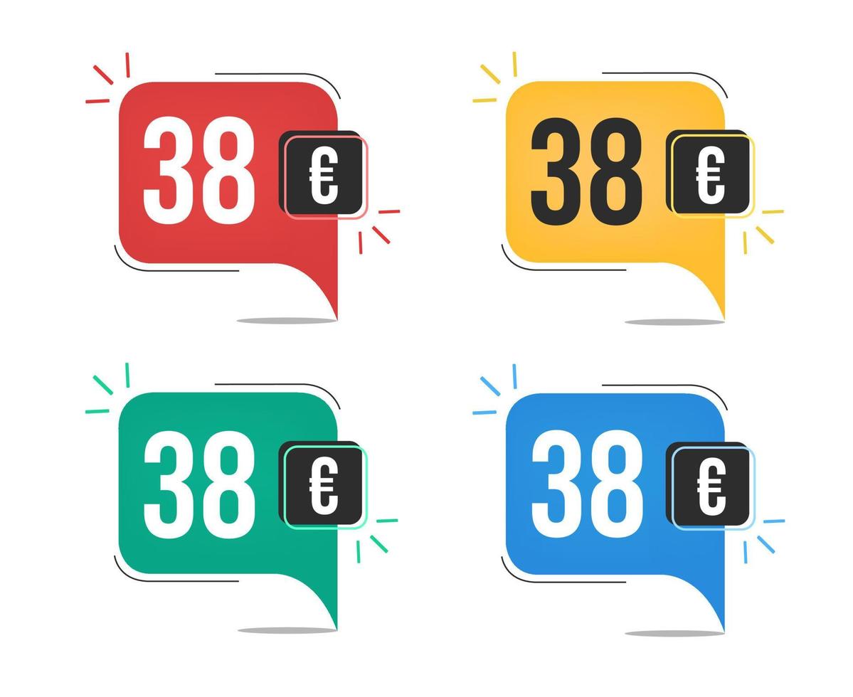 38 euro pris. gul, röd, blå och grön valuta taggar med Tal ballong begrepp. vektor