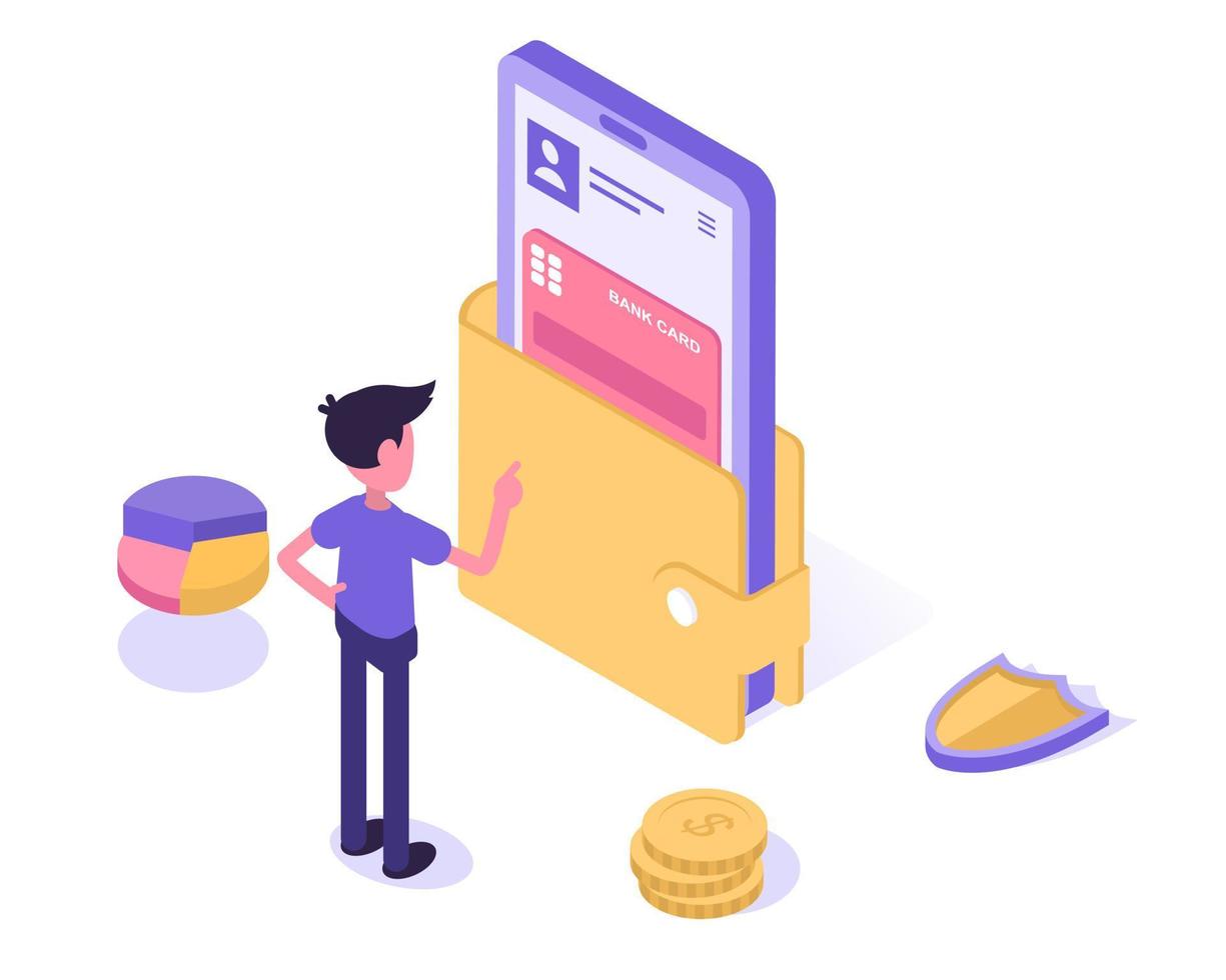 mobil bankverksamhet. en man checkar hans balans på en mobil app vektor