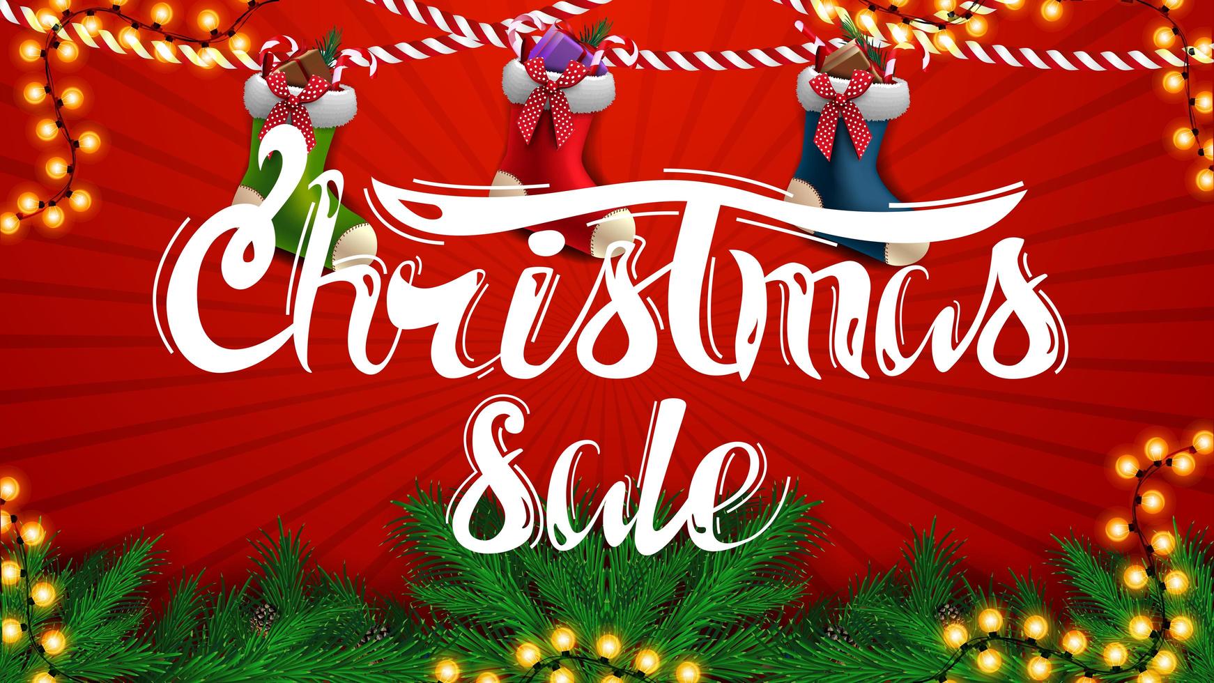 julförsäljning, vacker röd rabattbanner med julgrangrenar, kransar och julstrumpor vektor