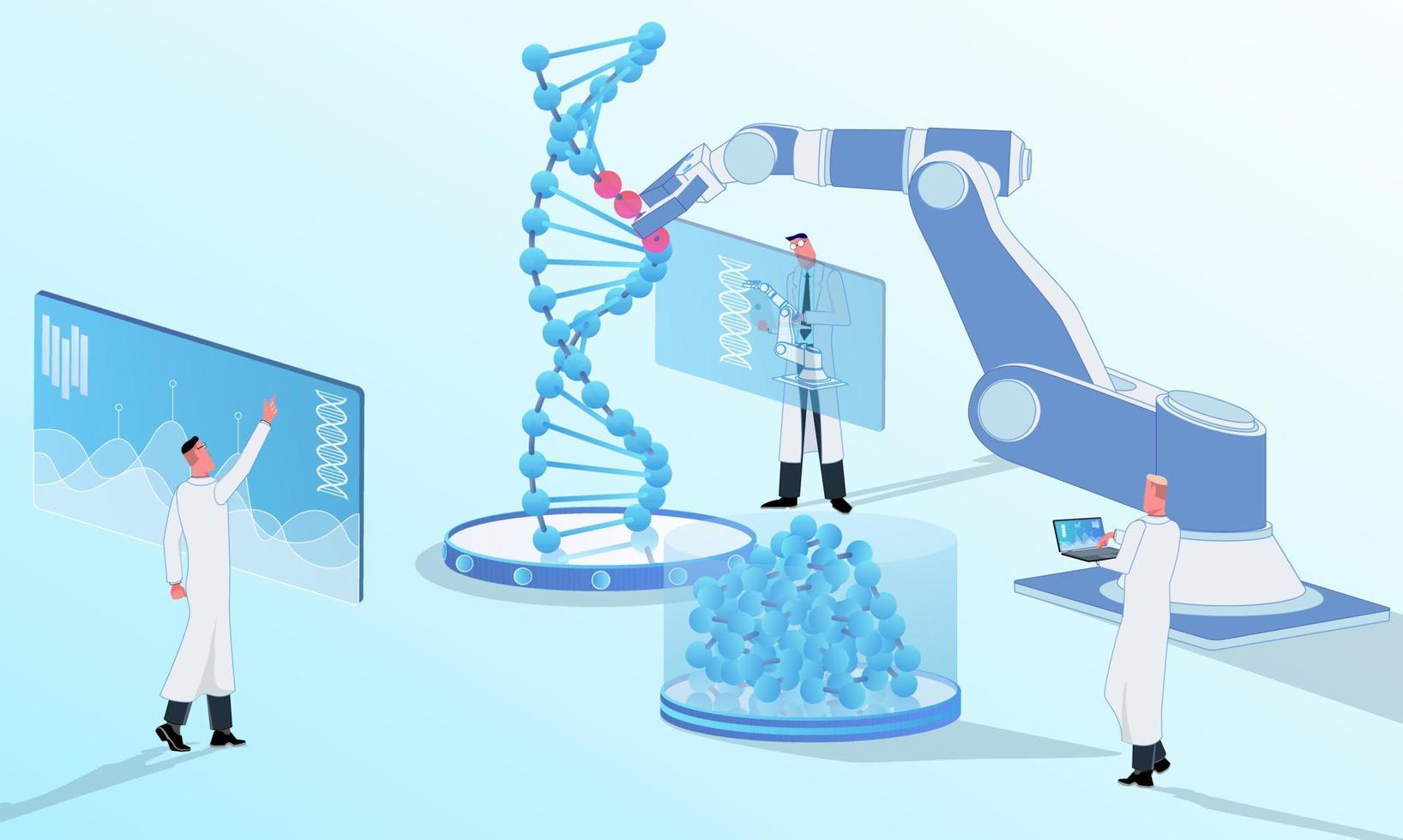 vetenskapsmän prestera genetisk analys av dna i de labb. runt om innovativ grafik och teknologi vektor