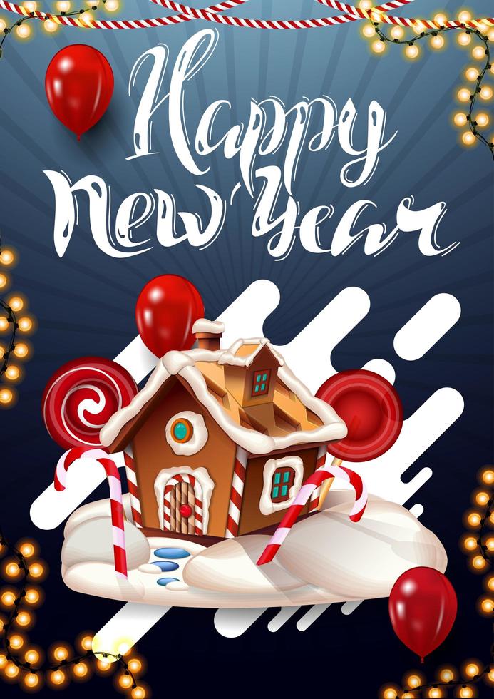 Frohes neues Jahr, vertikale blaue Postkarte mit Girlande, roten Luftballons und Weihnachtslebkuchenhaus vektor