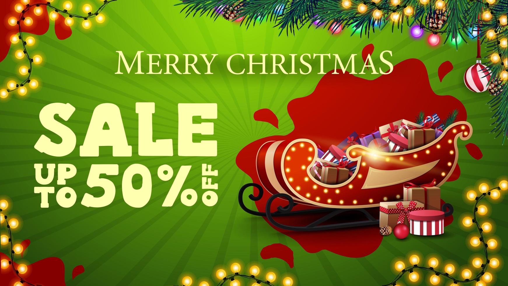 julförsäljning, upp till 50 rabatt, modern grön rabattbanner med kransar, röd fläck, julgransgrenar och santa släde med presenter vektor