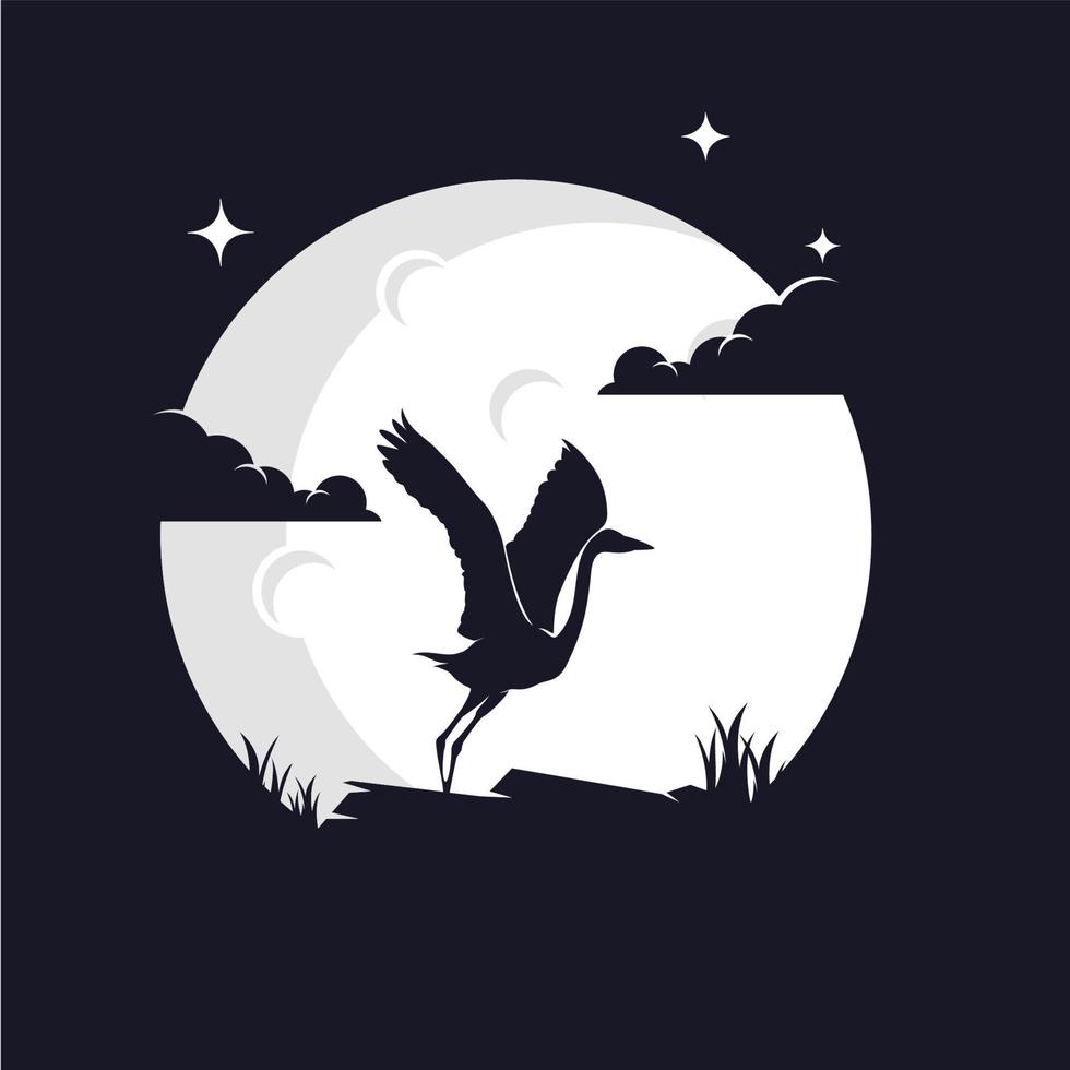 Reiher-Silhouette mit Mond-Hintergrund-Logo-Vorlage vektor