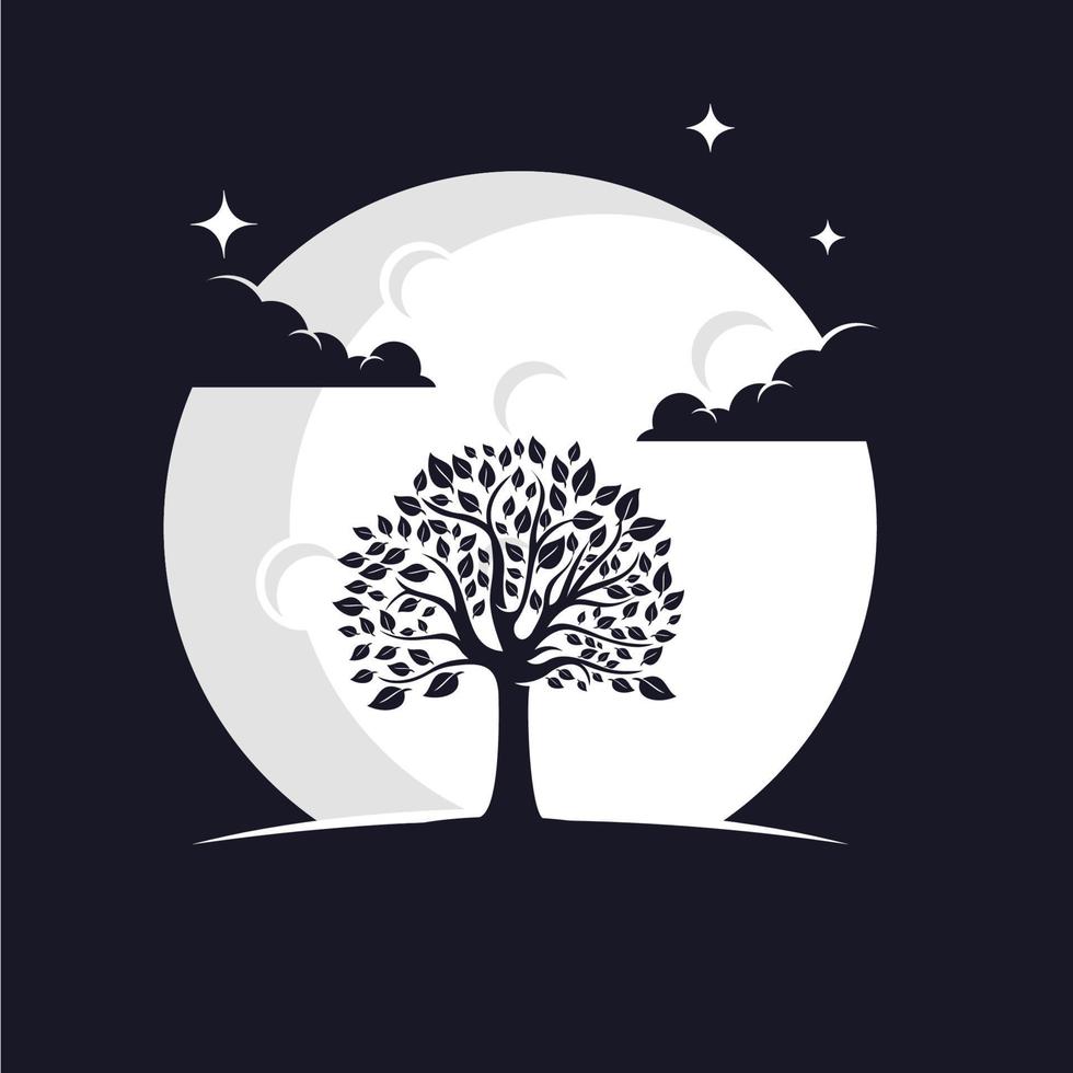Baum-Silhouette mit Mond-Hintergrund-Logo-Vorlage vektor