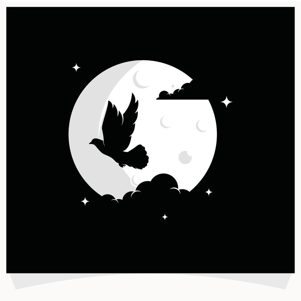 fliegende vogelsilhouette mit mondhintergrund-logo-design-vorlage vektor