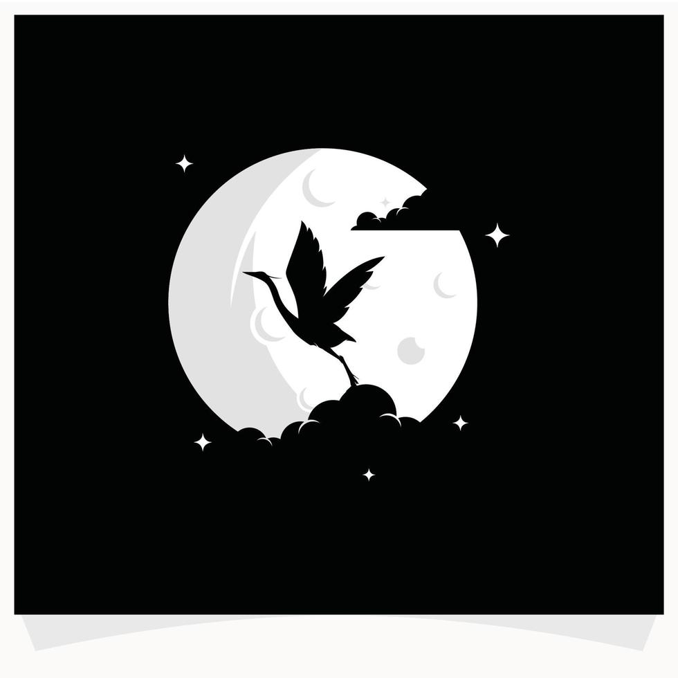 Reiher-Silhouette mit Mond-Hintergrund-Logo-Design-Vorlage vektor