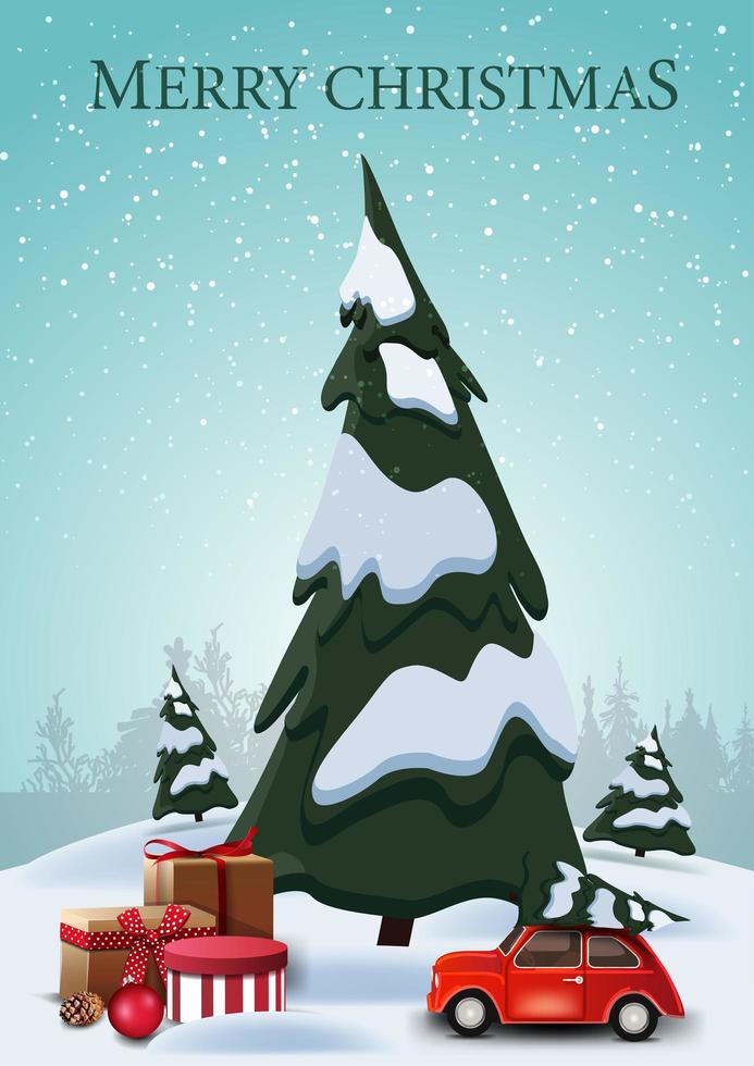 Frohe Weihnachten, vertikale Postkarte mit Karikaturfichten, Drifts, blauem Himmel und rotem Oldtimer, der Weihnachtsbaum mit Geschenken unter Fichte trägt vektor