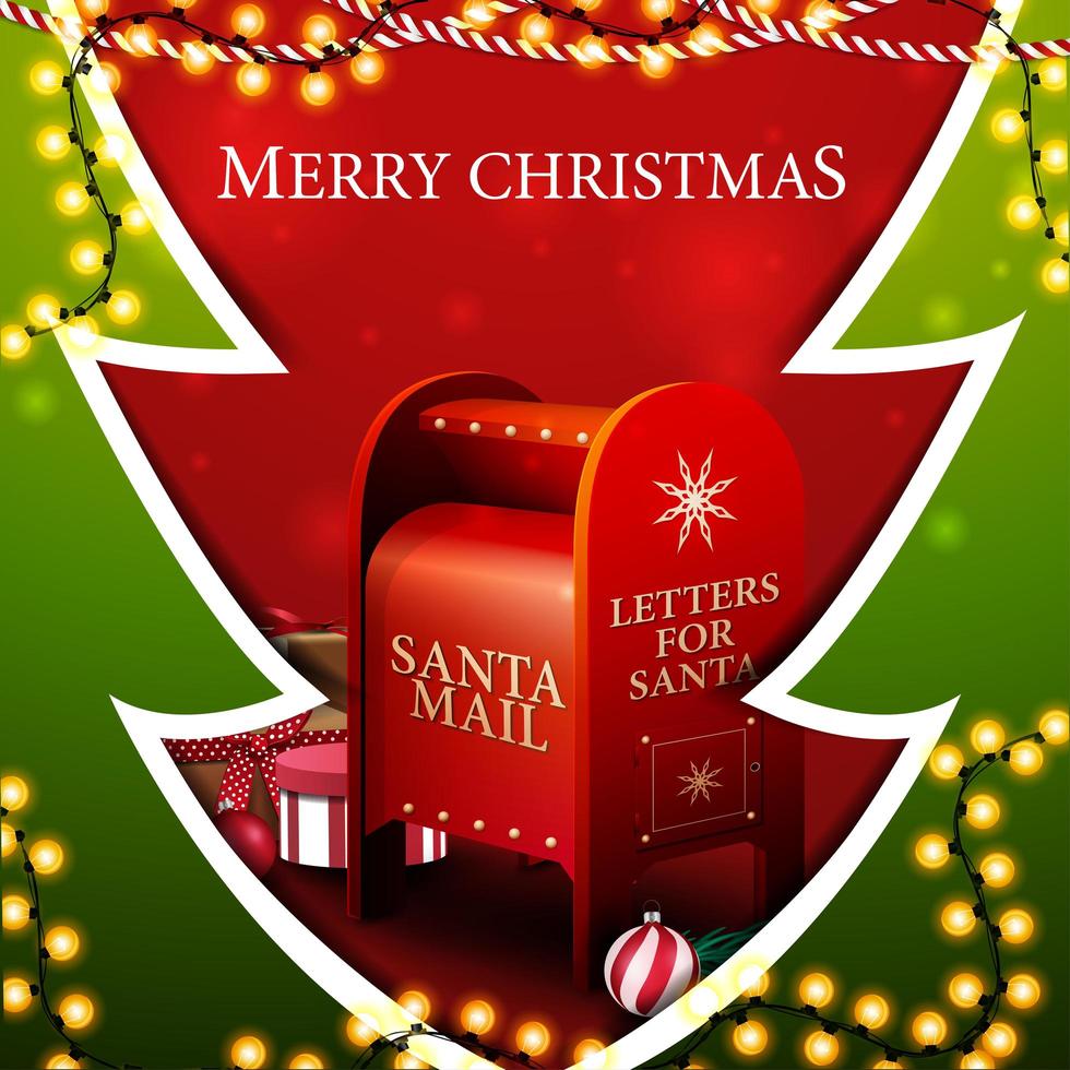 god jul, fyrkantigt rött och grönt vykort i form av julgran i pappersskuren stil med kransar och santa brevlåda med presenter vektor