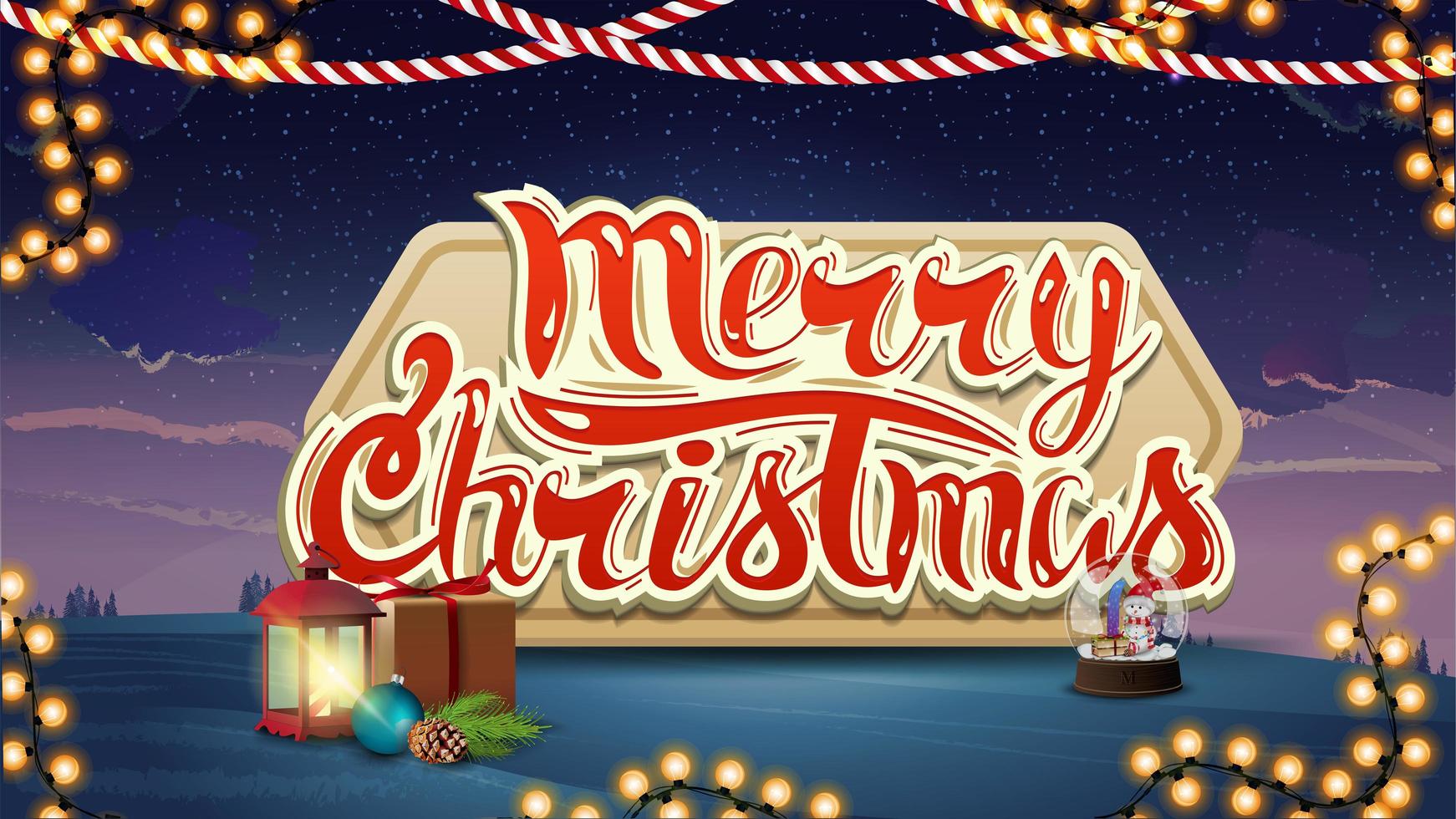 Frohe Weihnachten, blaue und violette Postkarte mit antiker Lampe, Geschenk, Schneekugel und Girlande vektor
