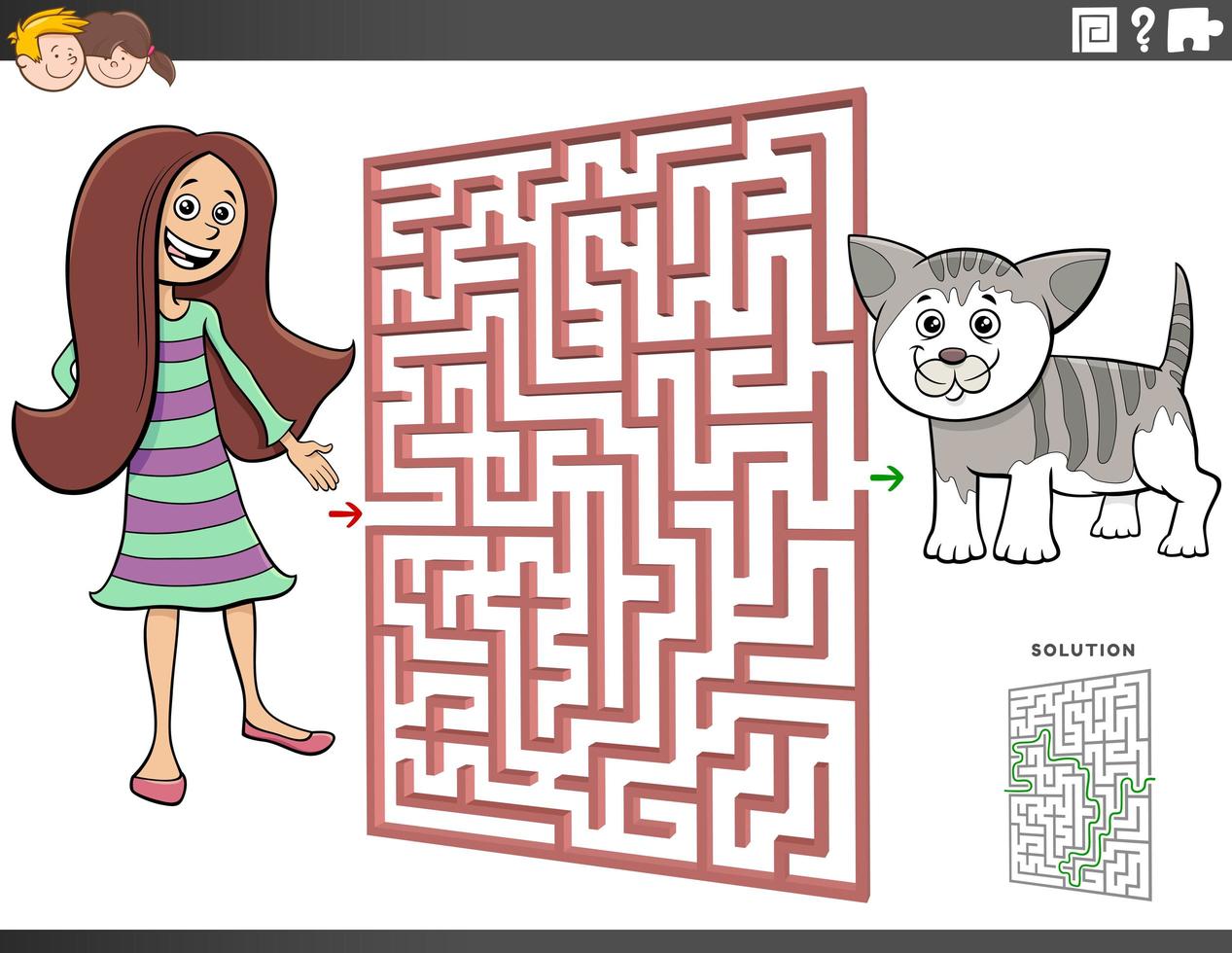labyrint spel med tecknad tonåring flicka och kattunge vektor