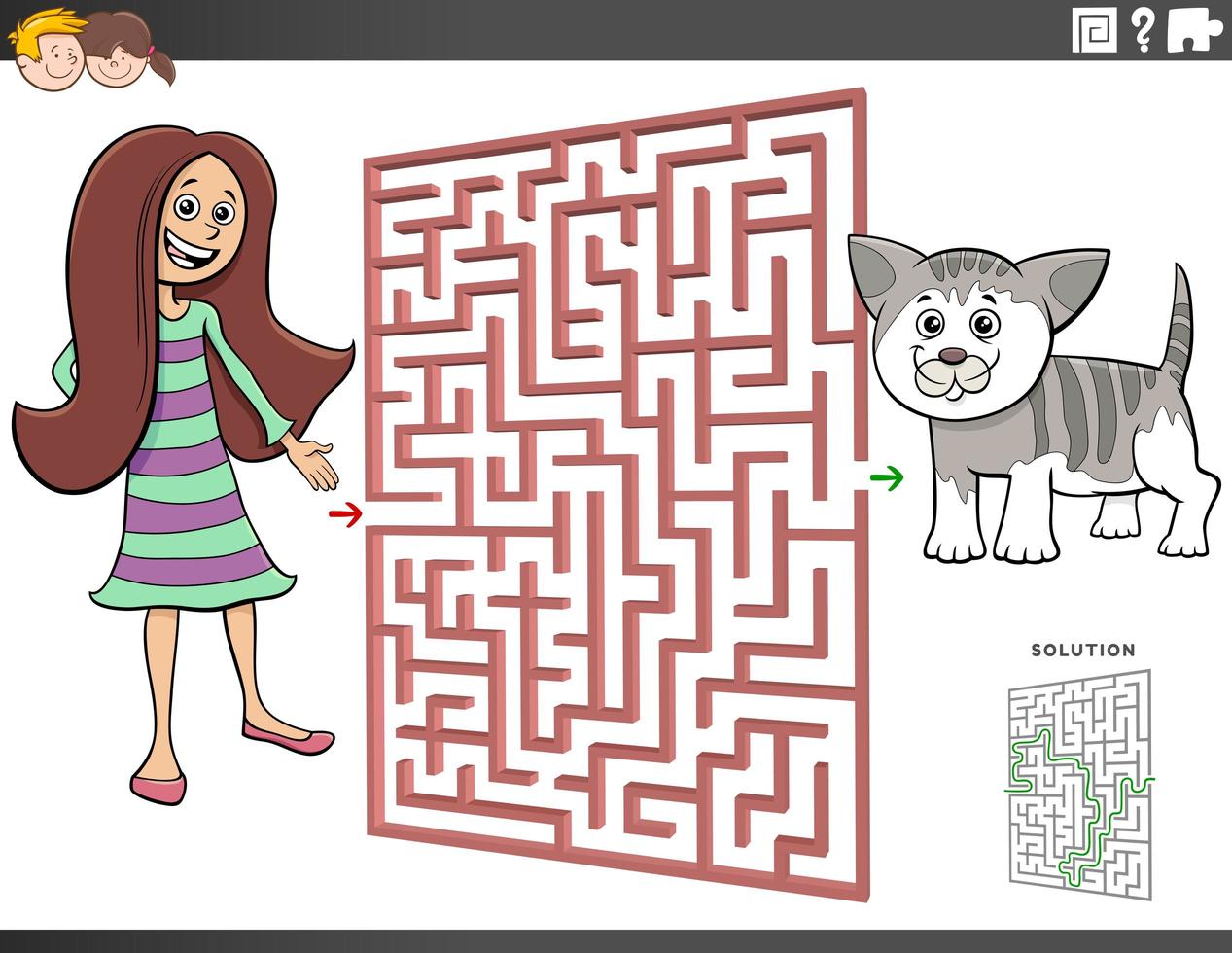 Labyrinthspiel mit Cartoon Teen Girl und Kätzchen vektor