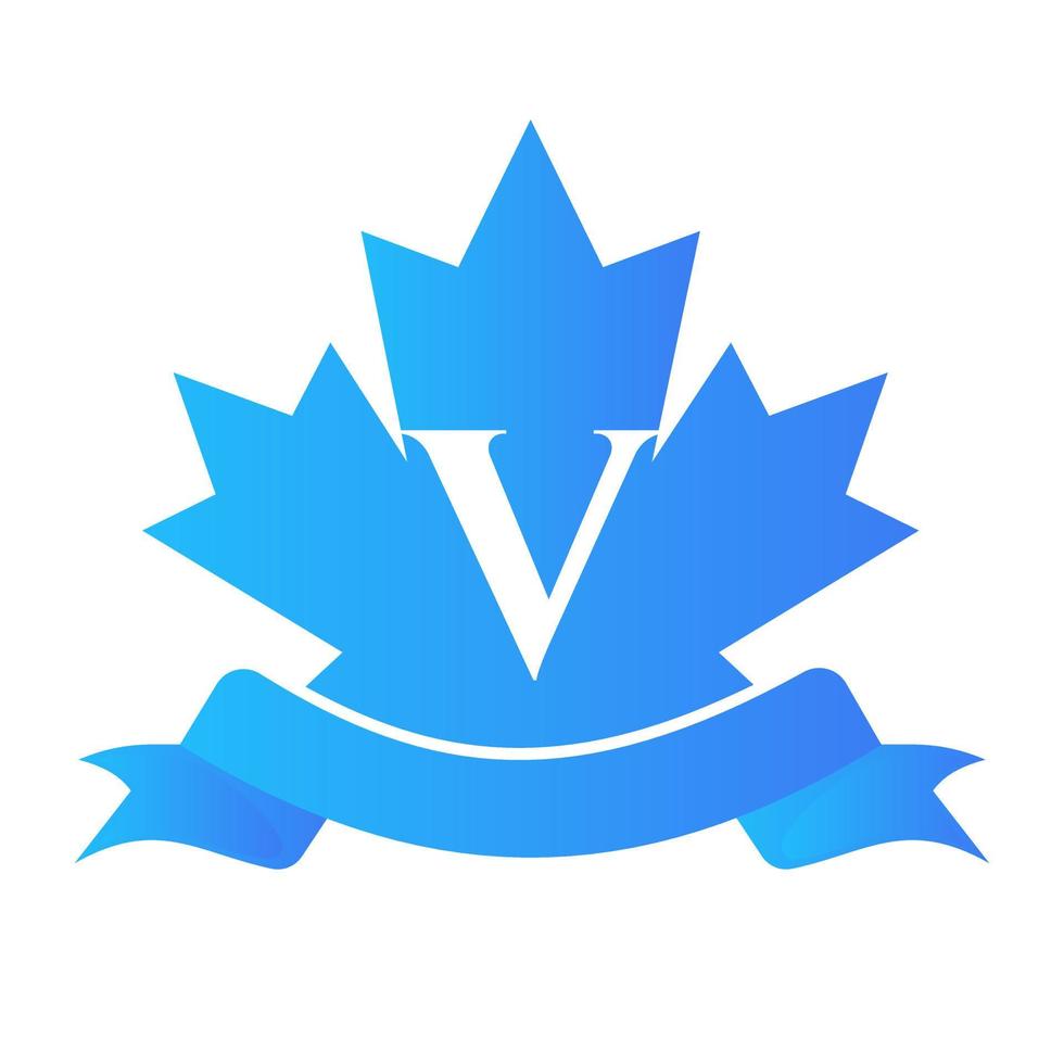 Kanadischer Rotahorn auf Siegel und Band des Buchstaben V. luxus heraldisches wappen logo element vintage lorbeer vektor