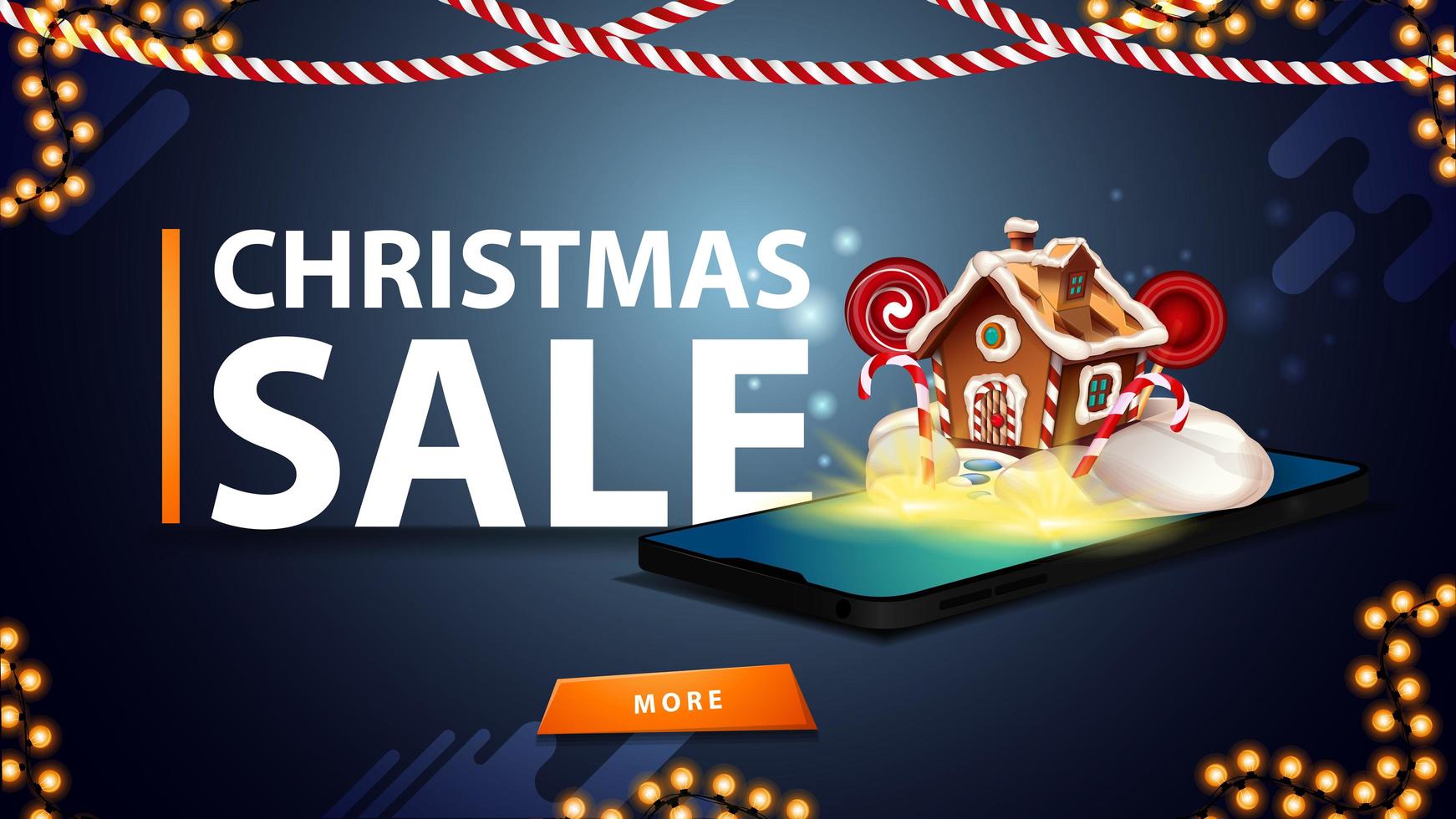 jul försäljning, blå rabatt banner för webbplats med kransar, knapp och smartphone från skärmen som visas jul pepparkakshus vektor