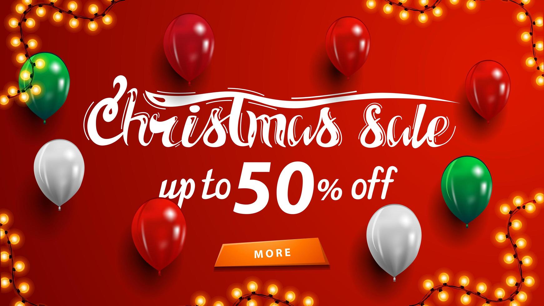 Weihnachtsverkauf, bis zu 50 Rabatt, rotes Rabatt-Banner mit Girlande, Knopf und Luftballons in der Nähe der Wand vektor