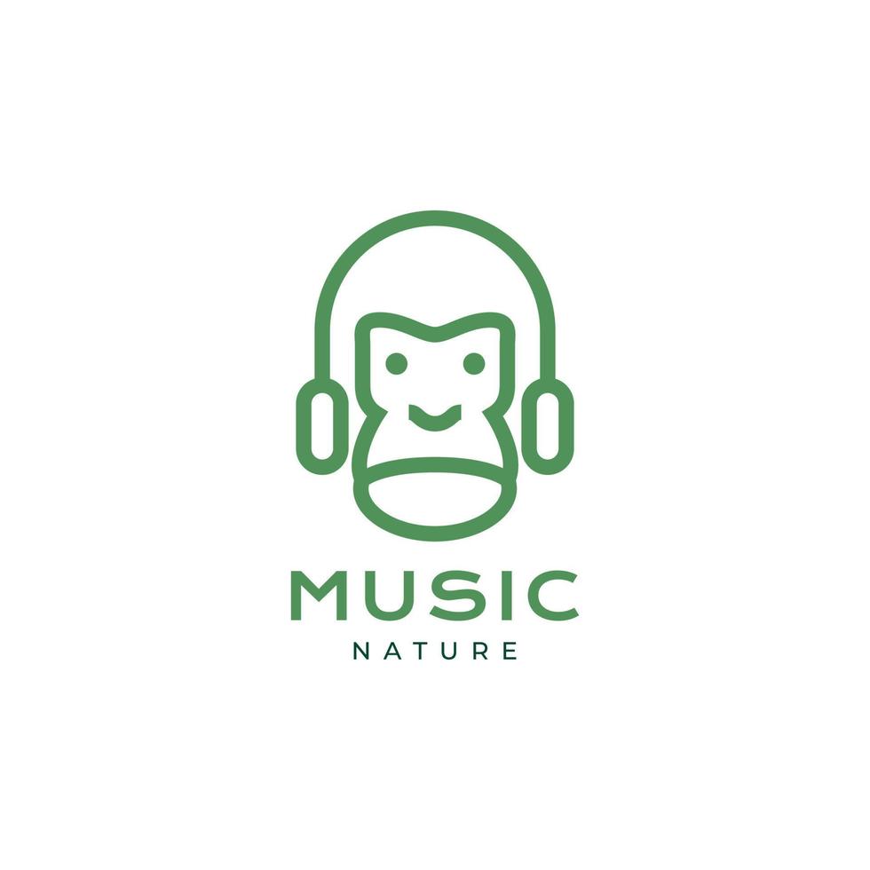 ansikte gorilla med headsetet hörsel musik natur instrument maskot söt minimal logotyp design vektor ikon illustration mall