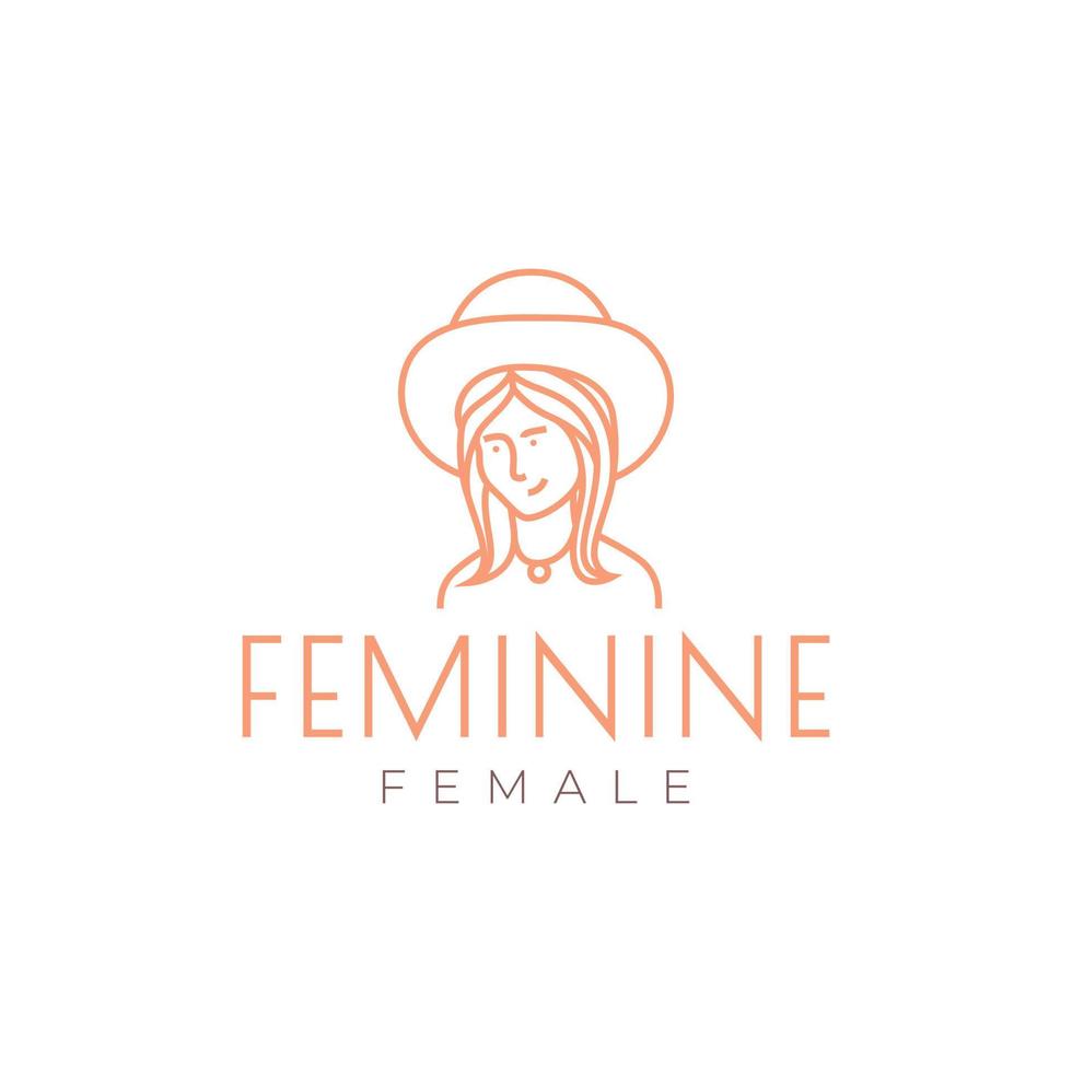 skönhet ansikte feminin flicka med hatt strand sommar högtider linje logotyp design vektor ikon illustration mall