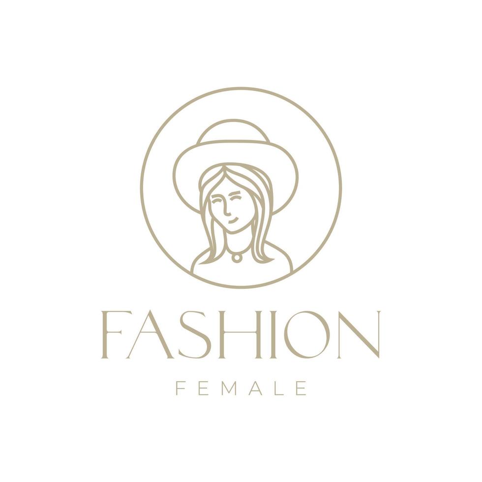 Schönheit Gesicht weibliches Mädchen mit Hut Strand Sommerferien Linie Logo Design Vektor Icon Illustration Vorlage