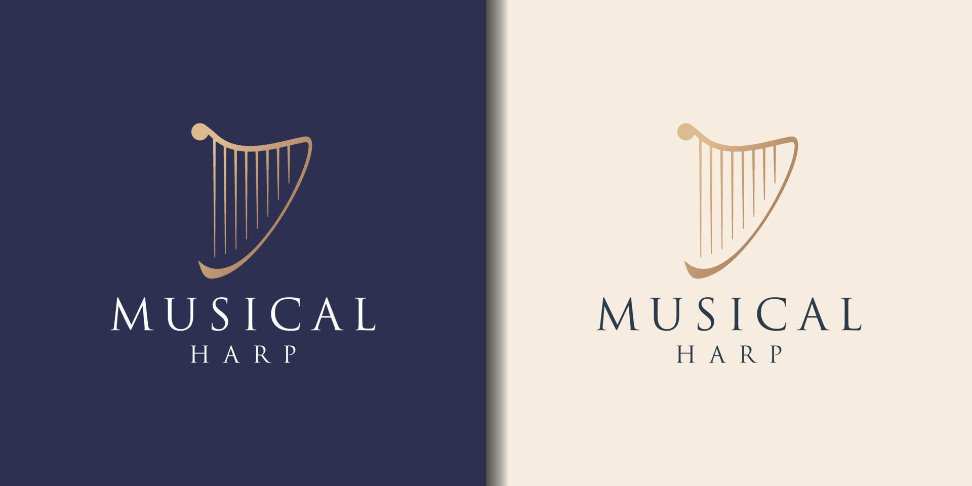 elegante und luxuriöse harfeninstrument-logo-design-inspiration. goldene Farbe vektor