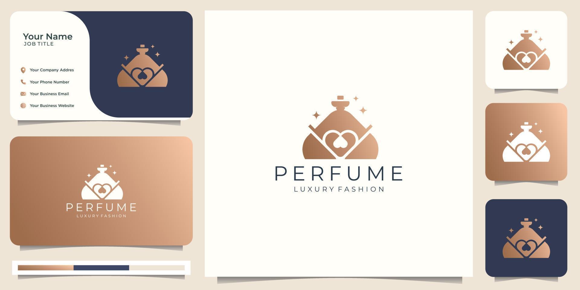Vorlage für das Inspirations-Parfüm-Logo. Flaschen Duft-Logo mit Visitenkarte. vektor