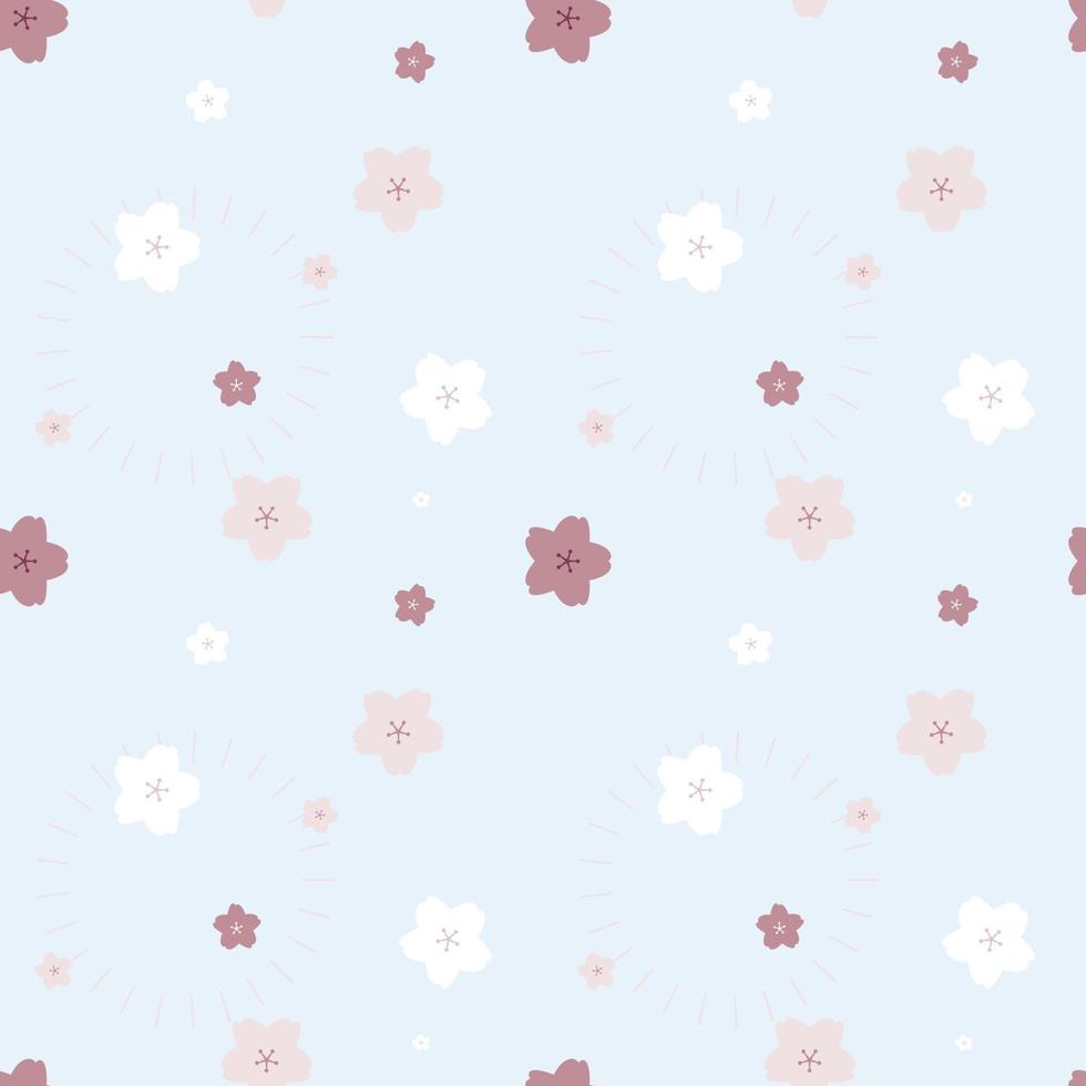sömlös söt härlig rosa och vit körsbär blomma sakura persika plommon blomma upprepa mönster i ljus blå bakgrund. platt vektor illustration design