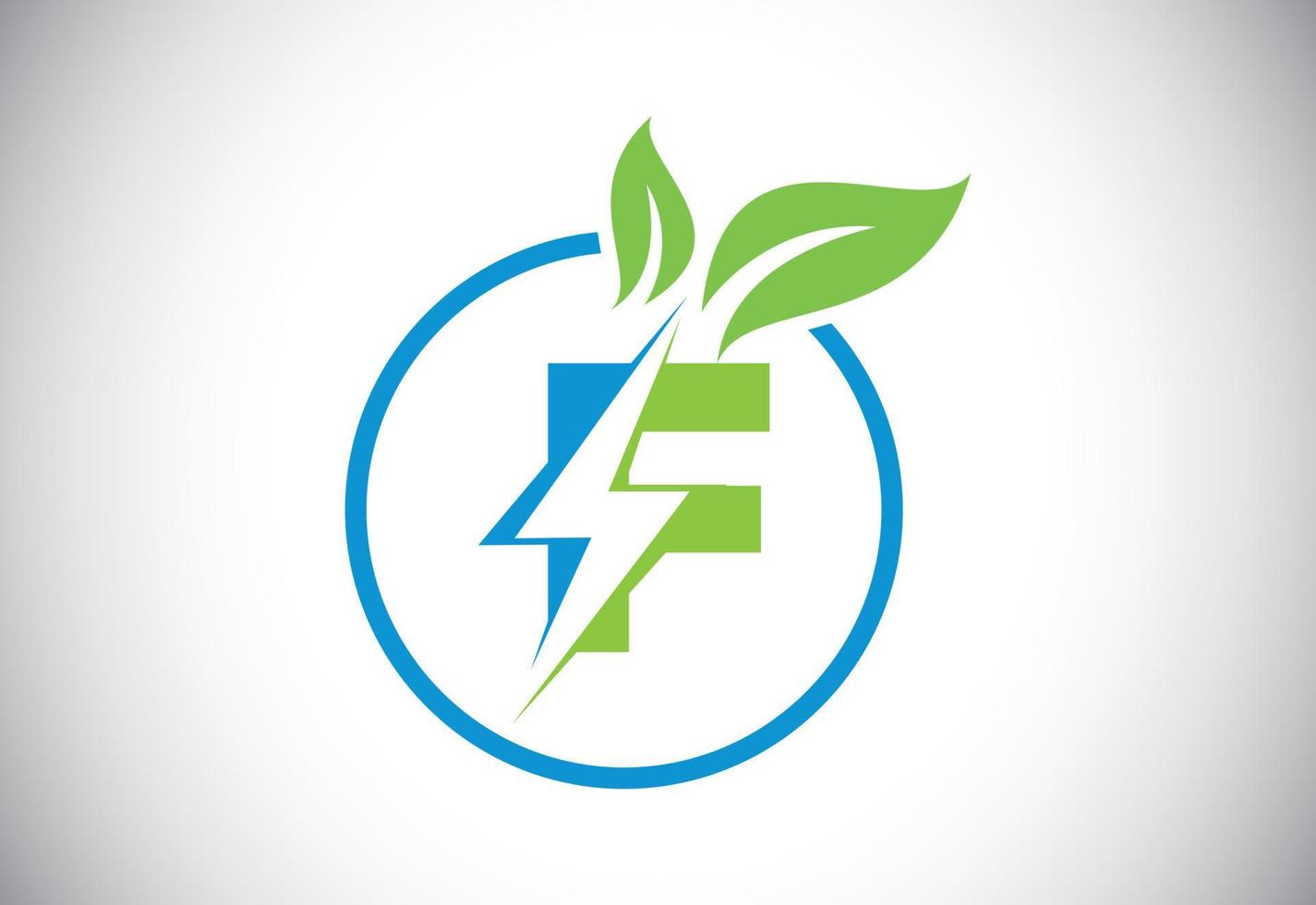 Anfangsbuchstabe f Blitzblattkreis oder Öko-Energiesparsymbol. Blatt- und Donnerkeil-Icon-Konzept für das elektrische Logo der Naturkraft vektor