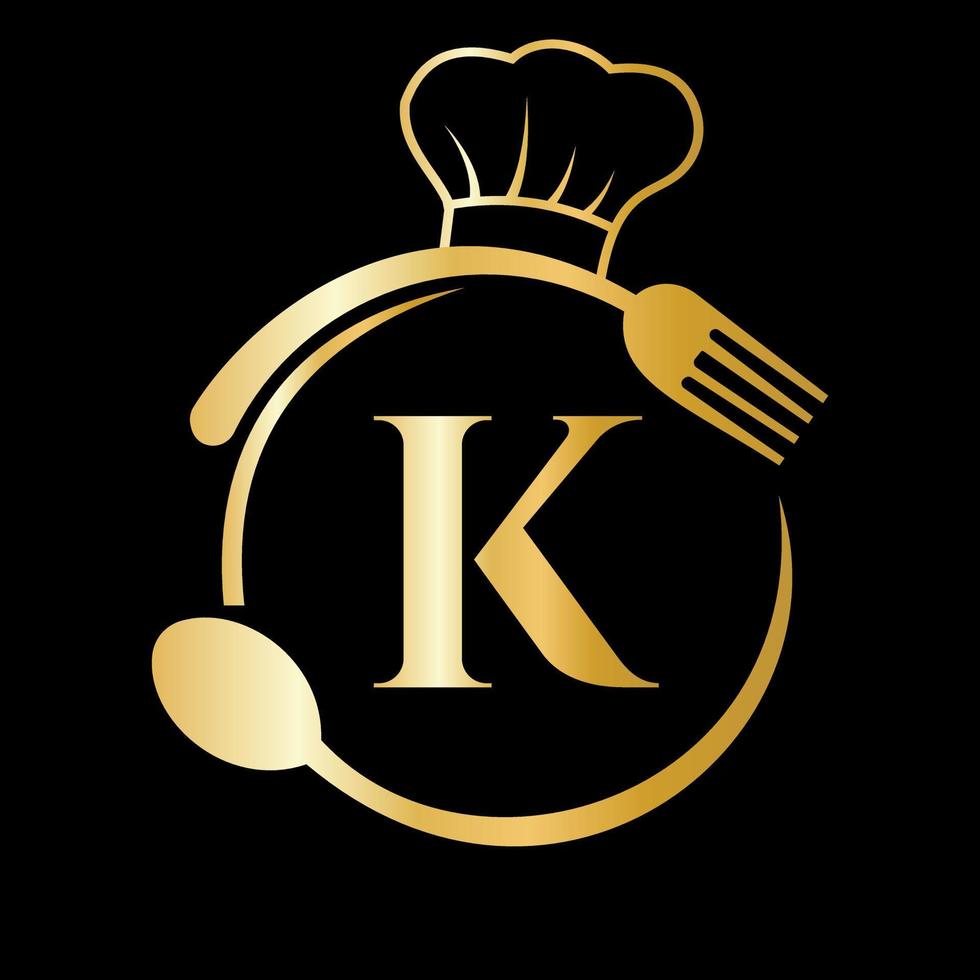 restaurang logotyp på brev k begrepp. kock hatt, sked och gaffel för restaurang logotyp vektor