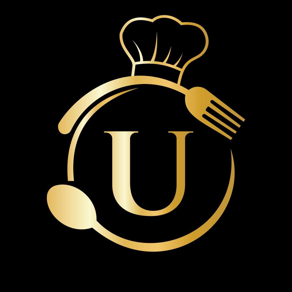 restaurang logotyp på brev u begrepp. kock hatt, sked och gaffel för restaurang logotyp vektor