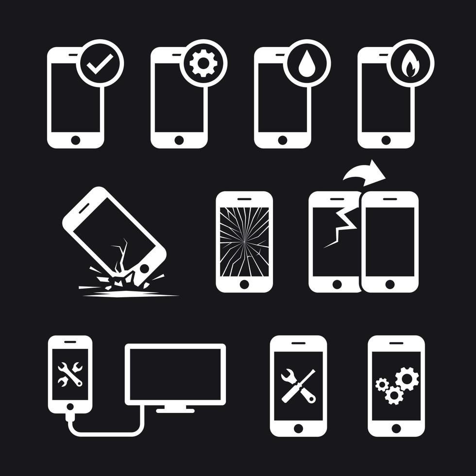 reparera, service och underhåll mobil eller smart telefon ikoner uppsättning. vit på en svart bakgrund vektor